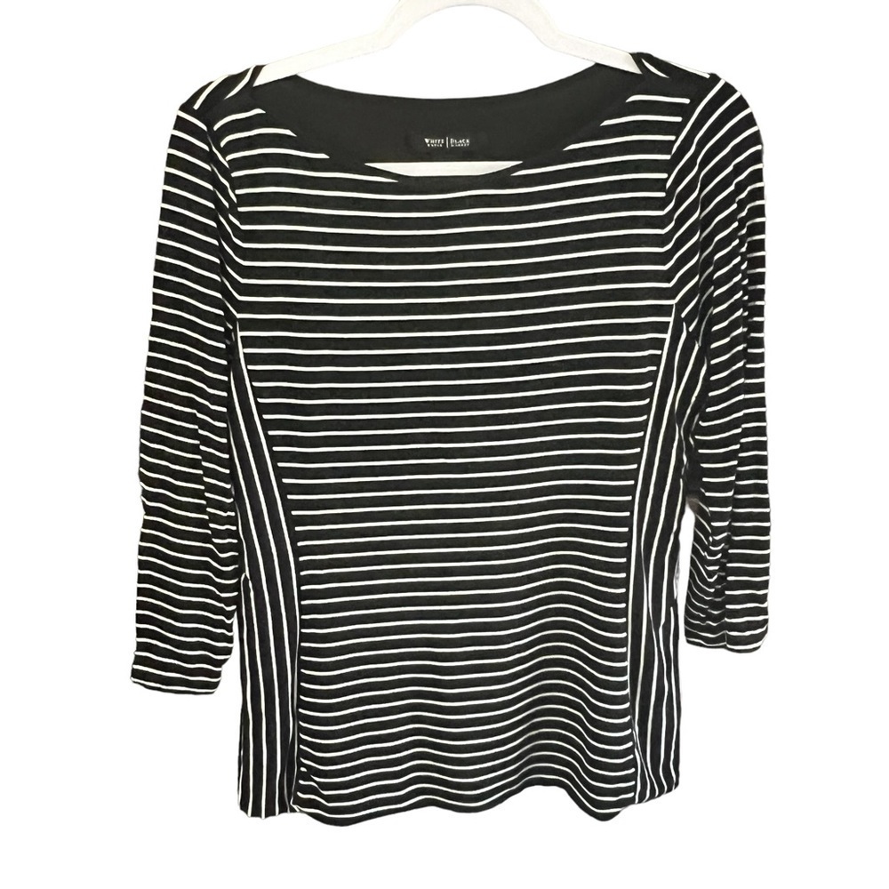 White House Black Market  Blouse Womens M  Boat Neck Black Cream Stripe Top
